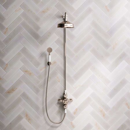 Calder Dual Outlet Shower Kit - Exposed Valve - 8 inch Rose - White Ceramic Lever - Handshower Hook - Polished Nickel