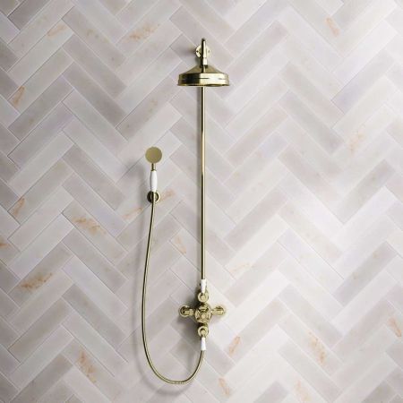 Linton Classic Dual Outlet Shower Kit - Exposed Valve - 8 inch Rose - White Ceramic Lever - Handshower Hook - Timeless Brass