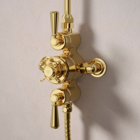 Linton Dual Outlet Exposed Shower with Riser Mounted Handshower & 6" Rose - Metal Lever - Living Brass