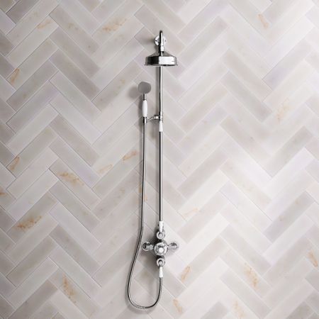 Linton Dual Outlet Exposed Valve with Riser Mounted Handshower, 6" Rose & White Levers in Chrome