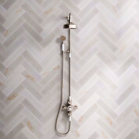 Linton Dual Outlet Exposed Valve with Riser Mounted Handshower, 6" Rose & White Levers in Polished Nickel