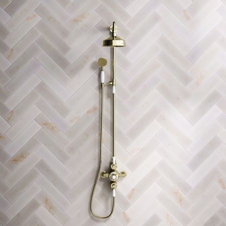 Calder Dual Outlet Shower Kit - Exposed Valve - 6 inch Rose - White Ceramic Lever - Handshower Mounted on Riser-Rail - Timeless Brass