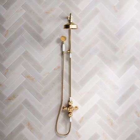 Calder Dual Outlet Shower Kit - Exposed Valve - 6 inch Rose - White Ceramic Lever - Handshower Mounted on Riser-Rail - Living Brass