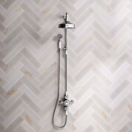 Linton Classic Dual Outlet Exposed Valve with Riser Mounted Handshower, 8" Rose & White Levers in Chrome