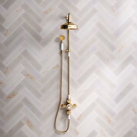 Calder Dual Outlet Shower Kit - Exposed Valve - 8 inch Rose - White Ceramic Lever - Handshower Mounted on Riser-Rail - Living Brass