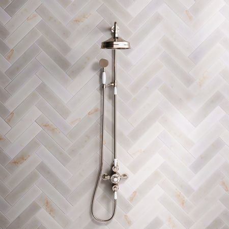 Calder Dual Outlet Shower Kit - Exposed Valve - 8 inch Rose - White Ceramic Lever - Handshower Mounted on Riser-Rail - Timeless Brass