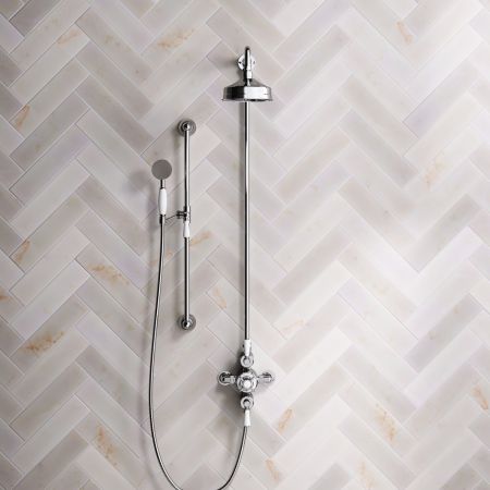 Linton Dual Outlet Exposed Valve with Slider Rail, 6" Rose & White Levers in Chrome