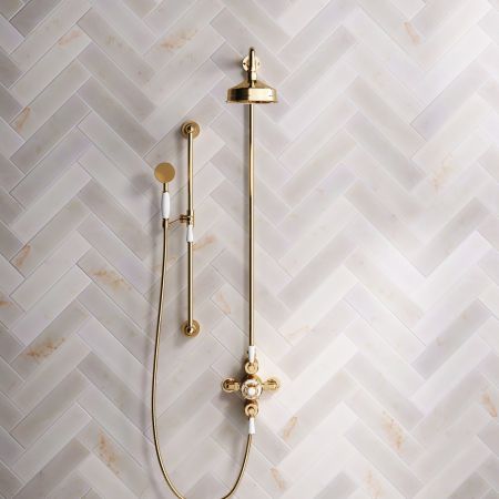 Linton Classic Dual Outlet Shower Kit - Exposed Valve - 6 inch Rose - White Ceramic Lever - Handshower Slider-Rail - Living Brass