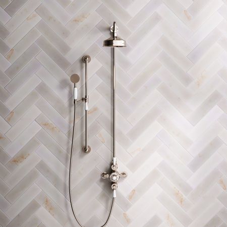 Linton Dual Outlet Exposed Valve with Slider Rail, 6" Rose & White Levers in Polished Nickel