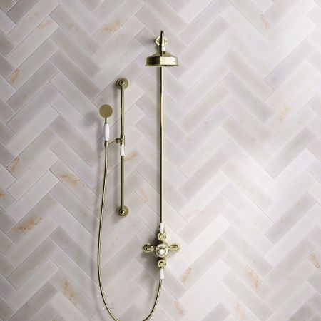 Calder Dual Outlet Shower Kit - Exposed Valve - 6 inch Rose - White Ceramic Lever - Handshower Slider-Rail - Timeless Brass