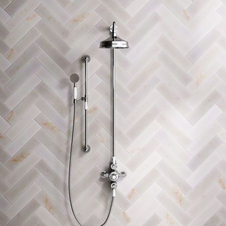 Linton Dual Outlet Exposed Valve with Slider Rail, 8" Rose & White Levers in Chrome