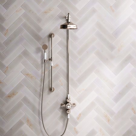 Linton Dual Outlet Exposed Valve with Slider Rail, 8" Rose & White Levers in Polished Nickel