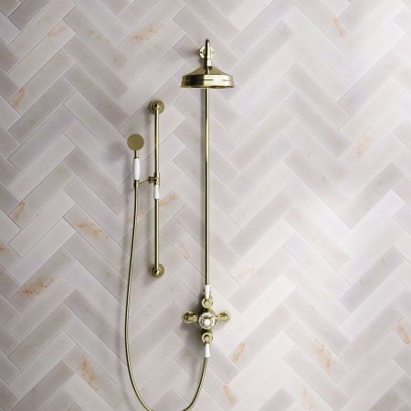 Calder Dual Outlet Shower Kit - Exposed Valve - 8 inch Rose - White Ceramic Lever - Handshower Slider-Rail - Timeless Brass