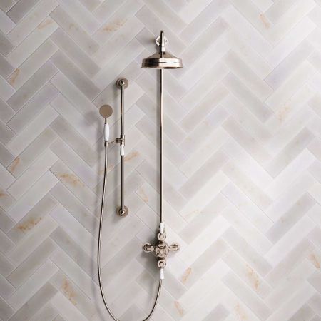 Calder Dual Outlet Shower Kit - Exposed Valve - 8 inch Rose - White Ceramic Lever - Handshower Slider-Rail - Polished Nickel