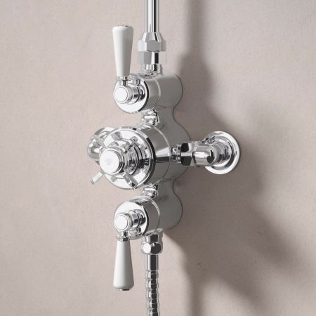 Linton Dual Outlet Exposed Shower with Riser Mounted Handshower & 6" Rose - White Lever - Chrome