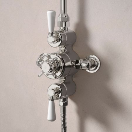 Linton Dual Outlet Exposed Shower with Riser Mounted Handshower & 6" Rose - White Lever - Polished Nickel
