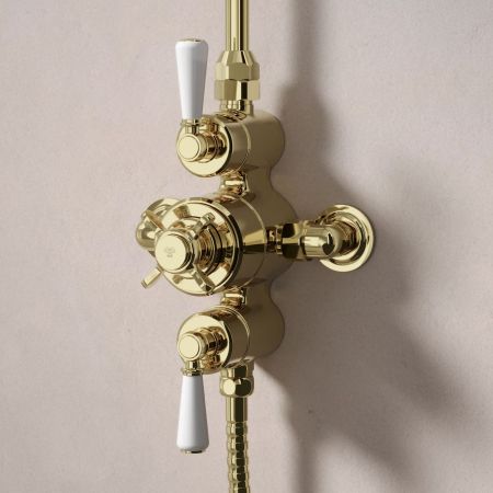 Linton Dual Outlet Exposed Shower with Riser Mounted Handshower & 6" Rose - White Lever - Timeless Brass