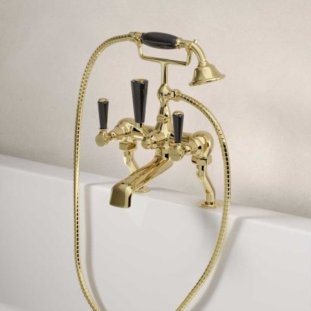 Linton Deck Mounted 2 Hole Bath Shower Mixer - Black Lever - Timeless Brass