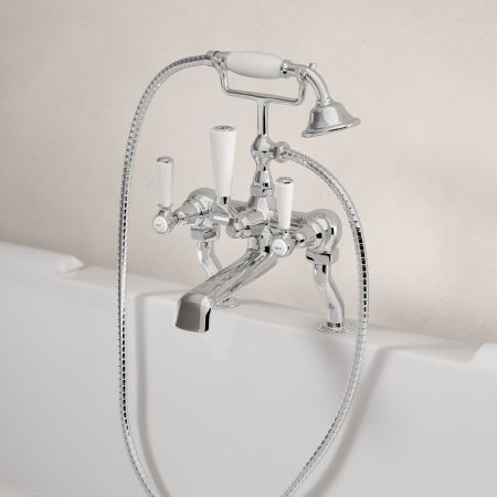 Linton Deck Mounted Bath Shower Mixer with White Levers in Chrome