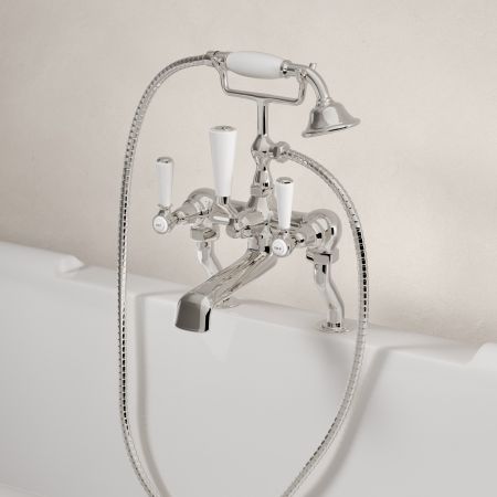 Linton Classic Deck Mounted Bath Shower Mixer with White Levers in Polished Nickel