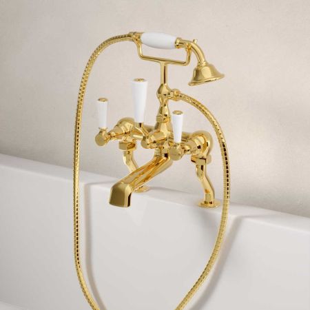 Linton Bath Shower Mixer White Lever Living Brass 3/4BSP