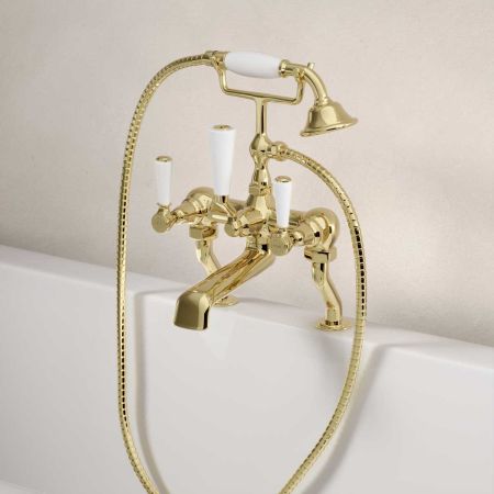 Linton Deck Mounted 2 Hole Bath Shower Mixer - White Lever - Timeless Brass