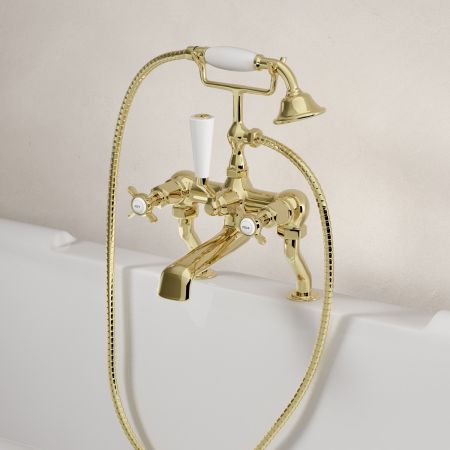 Linton Classic Deck Mounted Bath Shower Mixer with Crossheads in Timeless Brass