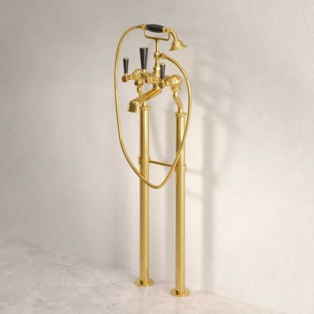 Linton Floor Mounted Bath Shower Mixer With Black Levers in Living Brass