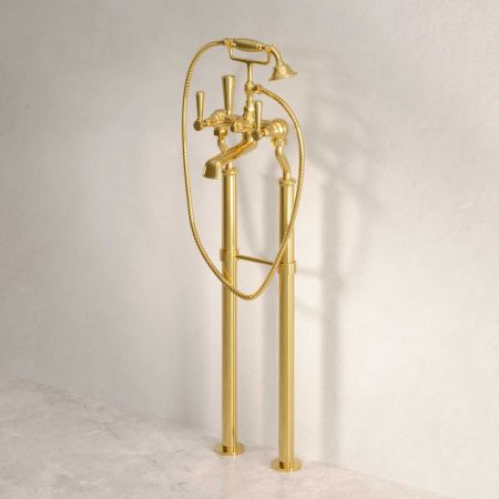 Linton Floor Mounted 2 Hole Bath Shower Mixer with 620mm Standpipes - Metal Lever - Living Brass