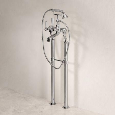 Linton Floor Mounted Bath Shower Mixer with 725mm Standpipes & White Levers in Chrome