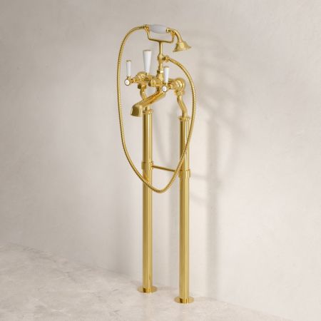 Linton Classic Floor Mounted Bath Shower Mixer with White Levers in Living Brass