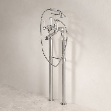 Linton Floor Mounted Bath Shower Mixer with 725mm Standpipes & White Levers in Polished Nickel