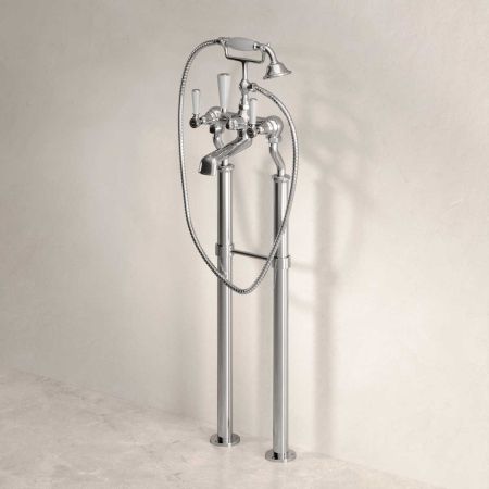 Linton Bath Shower Mixer with Standpipes White Lever Chrome 3/4BSP (For Baths Without Tap Holes Only)