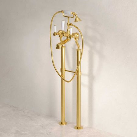 Linton Floor Mounted Bath Shower Mixer with White Levers in Living Brass