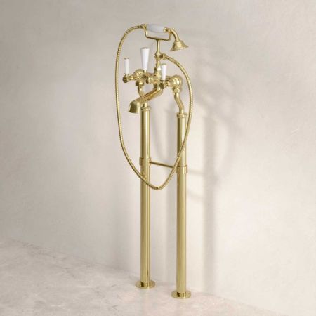 Linton Floor Mounted 2 Hole Bath Shower Mixer with 620mm Standpipes - White Lever - Timeless Brass