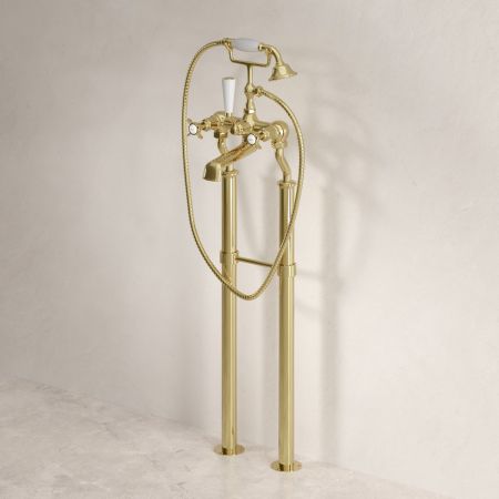 Linton Floor Mounted Bath Shower Mixer with 620mm Standpipes & Crosshead in Timeless Brass