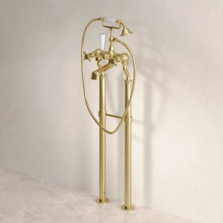 Linton Floor Mounted 2 Hole Bath Shower Mixer with 620mm Standpipes - Crosshead - Timeless Brass