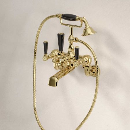 Linton Wall Mounted 2 Hole Bath Shower Mixer - Black Lever - Timeless Brass