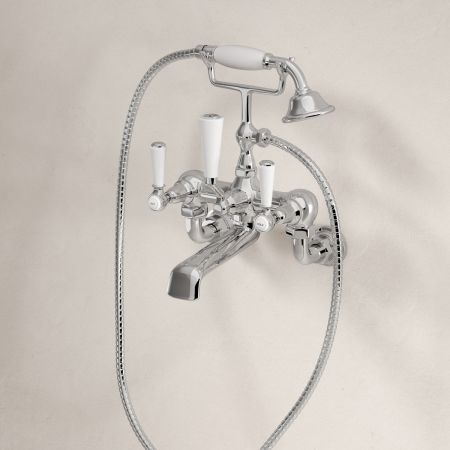 Linton Classic 2 Hole Bath Shower Mixer with White Levers in Chrome