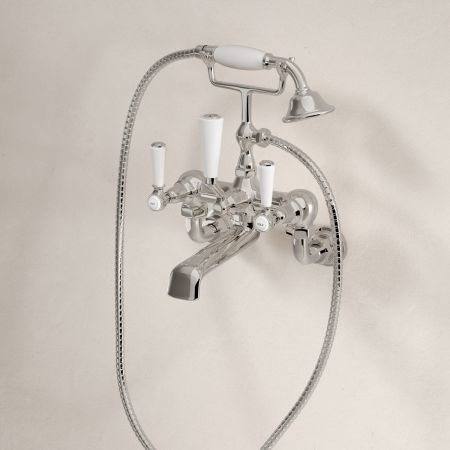 Linton 2 Hole Bath Shower Mixer with White Levers in Polished Nickel