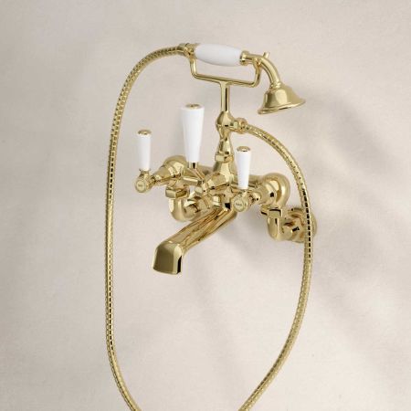 Linton Wall Mounted 2 Hole Bath Shower Mixer - White Lever - Timeless Brass