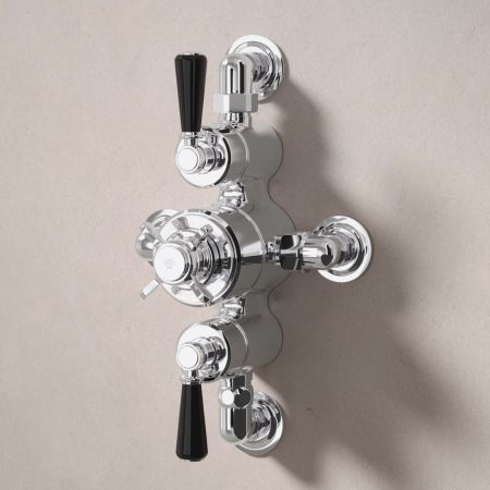 Linton Dual Outlet Semi Exposed Shower with Slider Rail, 300mm Wall Arm & 8" Rose - Black Lever - Chrome