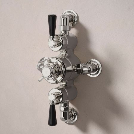 Linton Dual Outlet Semi Exposed Shower with Handshower Hook, 210mm Ceiling Arm & 6" Rose - Black Lever - Polished Nickel