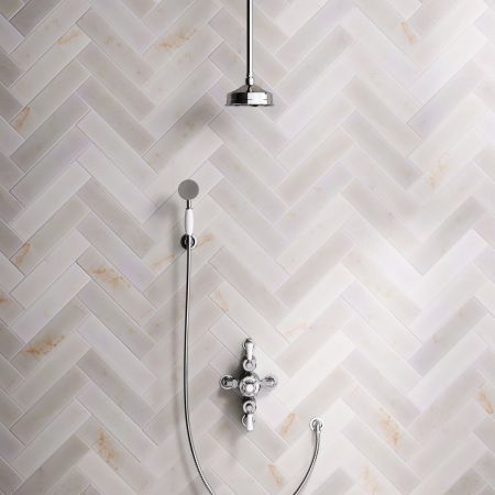 Linton Dual Outlet Semi Exposed Shower with Handshower Hook, 210mm Ceiling Arm, 6" Rose & White Levers in Chrome