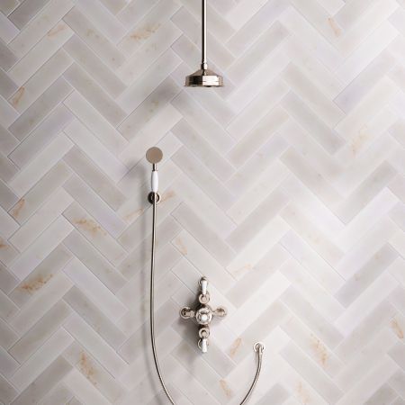 Linton Dual Outlet Semi Exposed Shower with Handshower Hook, 210mm Ceiling Arm, 6" Rose & White Levers in Polished Nickel
