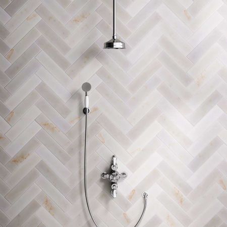 Calder Dual Outlet Shower Kit - Semi-Exposed Valve - 6 inch Rose - White Ceramic Lever - Handshower Hook - Ceiling Mounted Rose - Chrome Finish