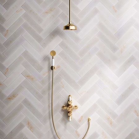 Calder Dual Outlet Shower Kit - Semi-Exposed Valve - 6 inch Rose - White Ceramic Lever - Handshower Hook - Ceiling Mounted Rose - Living Brass