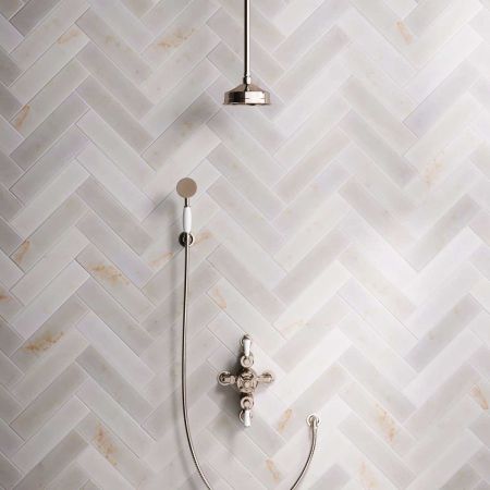 Calder Dual Outlet Shower Kit - Semi-Exposed Valve - 6 inch Rose - White Ceramic Lever - Handshower Hook - Ceiling Mounted Rose - Polished Nickel