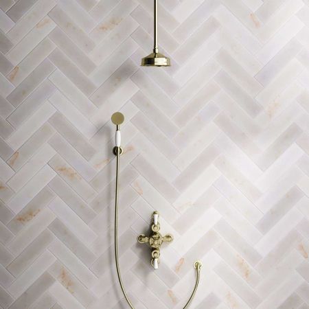 Calder Dual Outlet Shower Kit - Semi-Exposed Valve - 6 inch Rose - White Ceramic Lever - Handshower Hook - Ceiling Mounted Rose - Timeless Brass