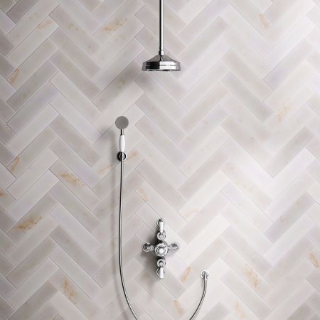 Linton Dual Outlet Semi Exposed Shower with Handshower Hook, 210mm Ceiling Arm, 8" Rose & White Levers in Chrome